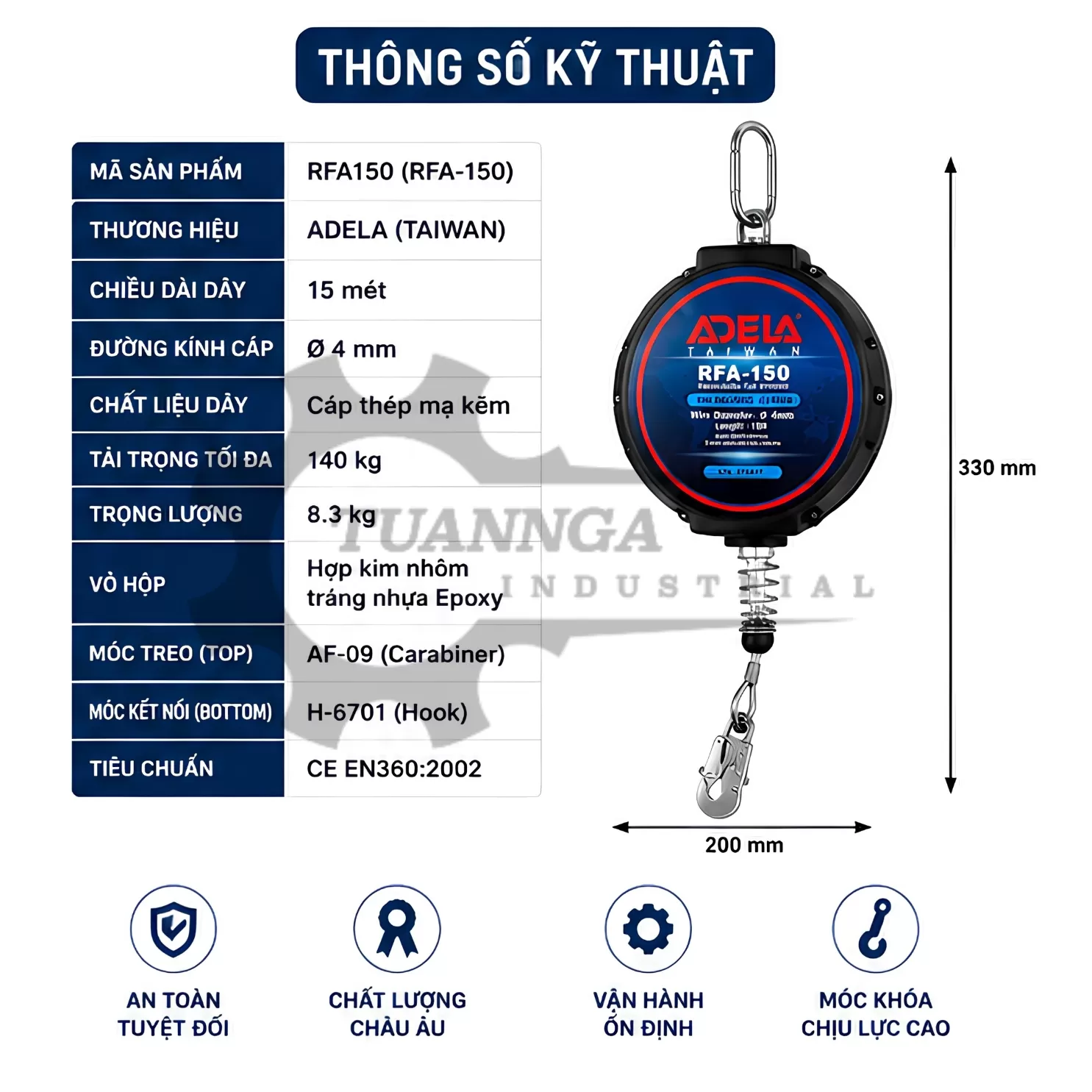 Cuộn Dây Cáp Hãm Tự Động ADELA RFA150 (Dài 15m)
