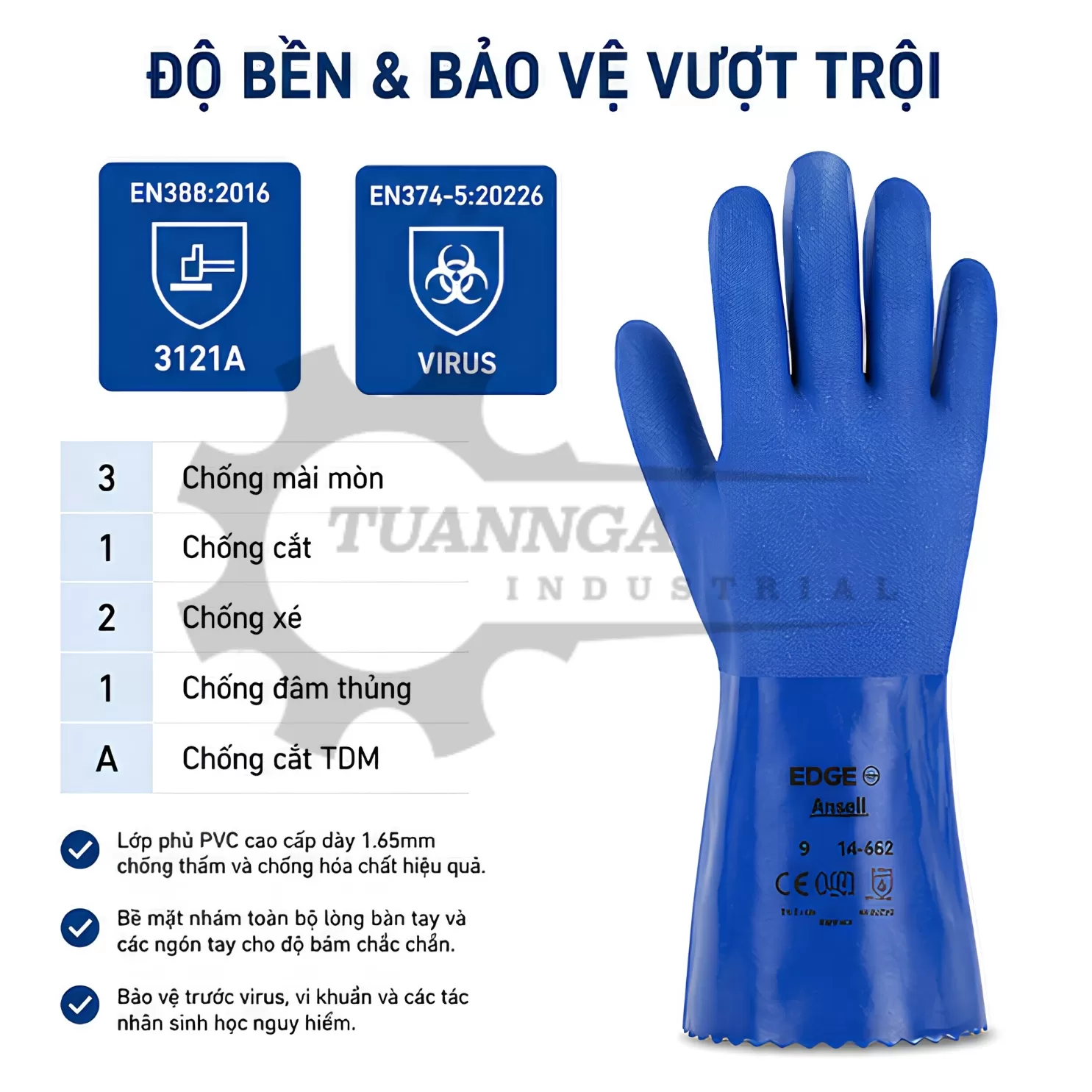 Găng Tay PVC Chống Hóa Chất Ansell 14-662