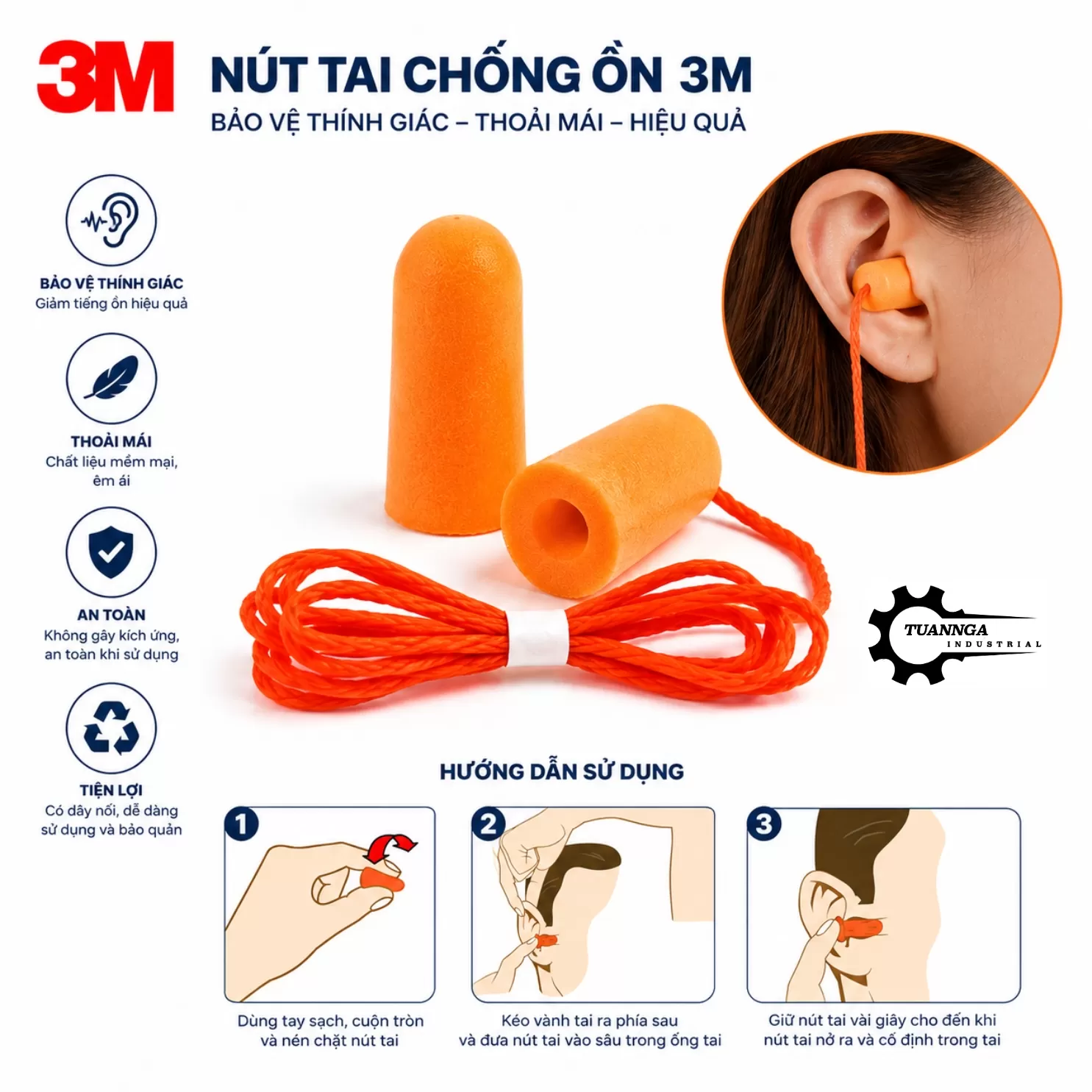 Nút Bịt Tai Chống Ồn 3M 1110 Có Dây (Hộp 100 Cặp)