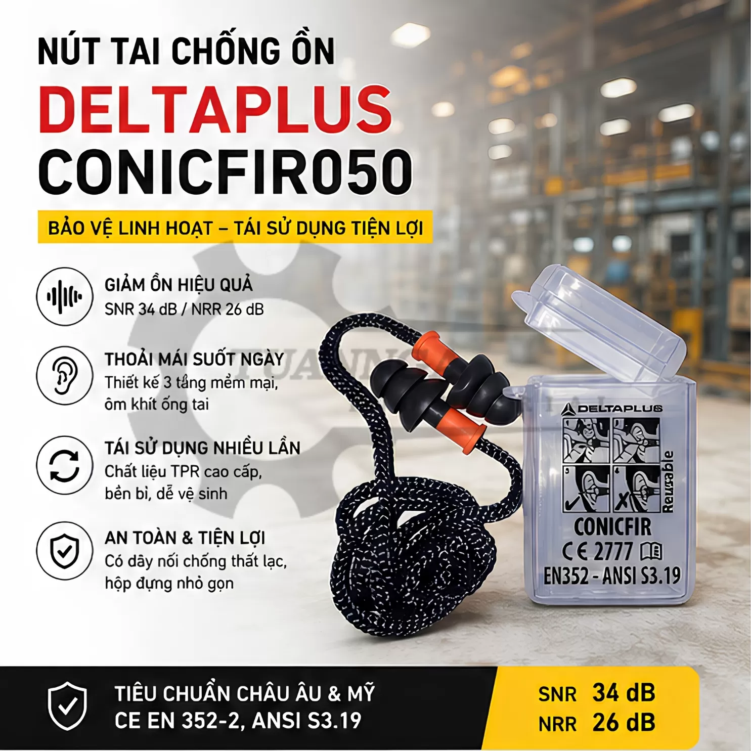 Nút Bịt Tai Chống Ồn Deltaplus CONICFIR050 (Có Dây)