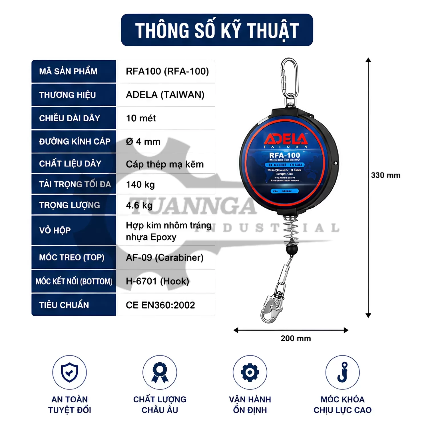 Cuộn Dây Cáp Hãm Tự Động ADELA RFA100 (Dài 10m)