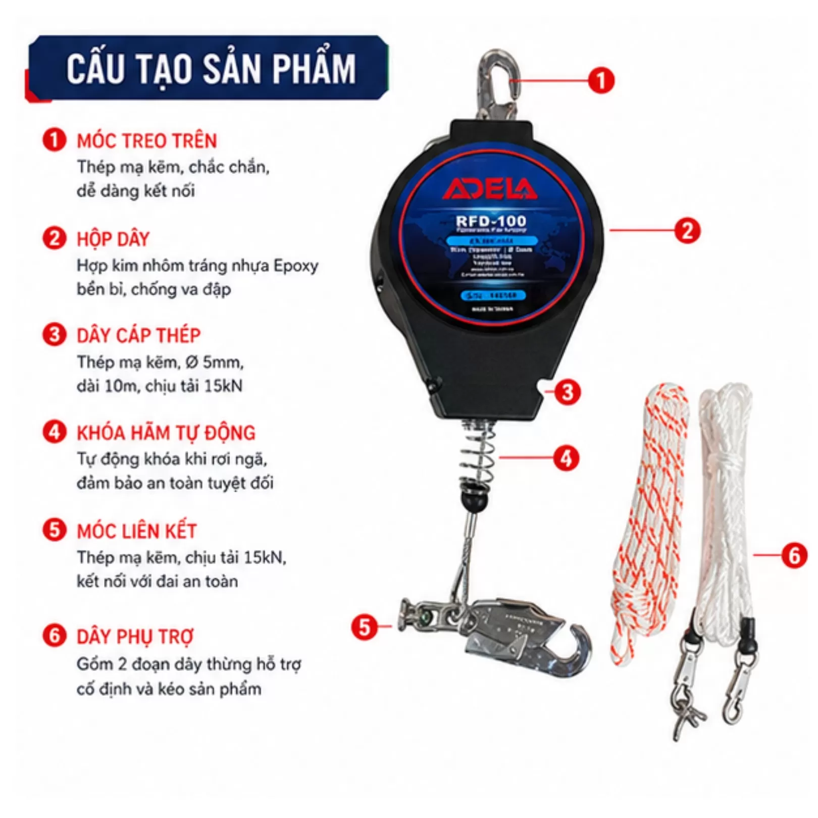 Cuộn Dây Hãm Tự Động ADELA RFD-100 (Dài 10m)