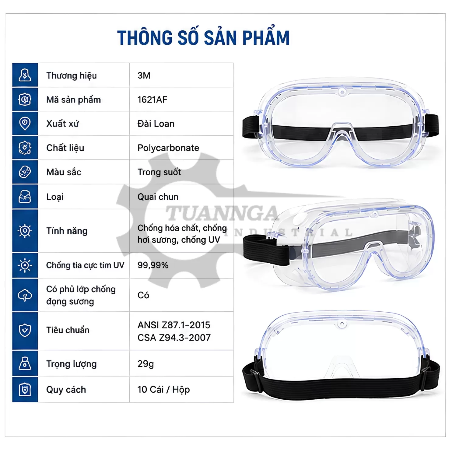Kính Bảo Hộ Chống Hóa Chất 3M 1621AF