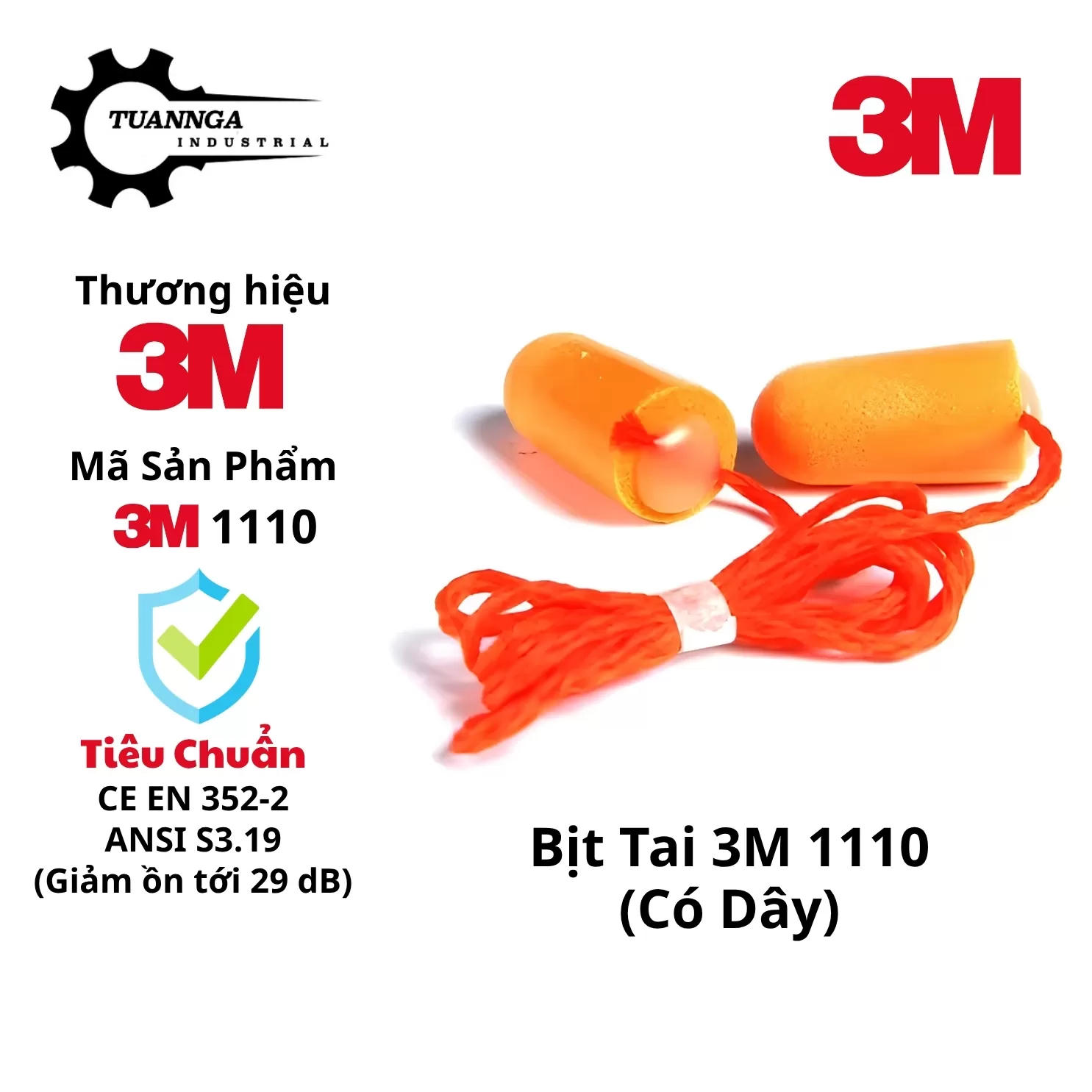 Nút Bịt Tai Chống Ồn 3M 1110 Có Dây (Hộp 100 Cặp)